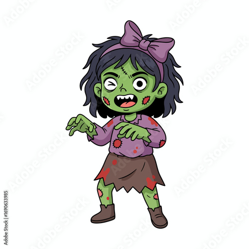 Cartoon illustration of a little girl dressed as a zombie with green skin, a bow, and blood splatters, winking.