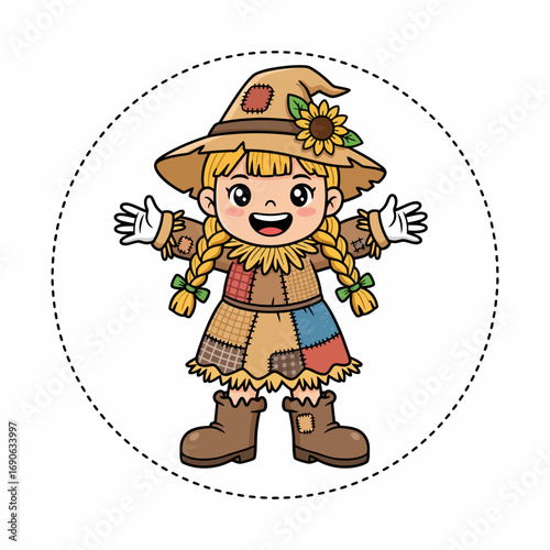 Cartoon girl dressed as a scarecrow with hat, sunflower, braids, patchwork dress, boots, and outstretched arms.