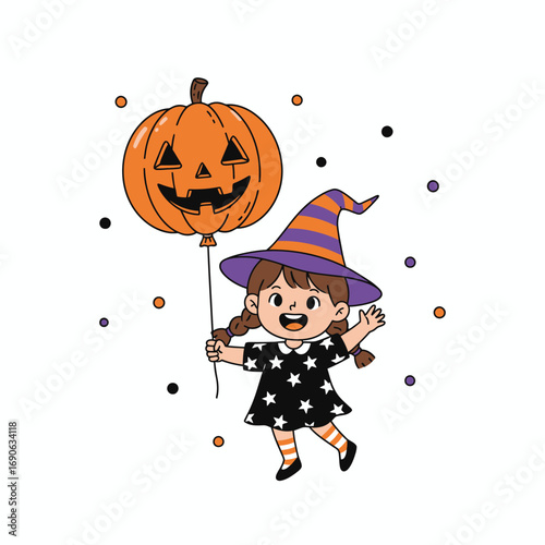 A cartoon girl in a witch costume holds a pumpkin balloon, celebrating Halloween.