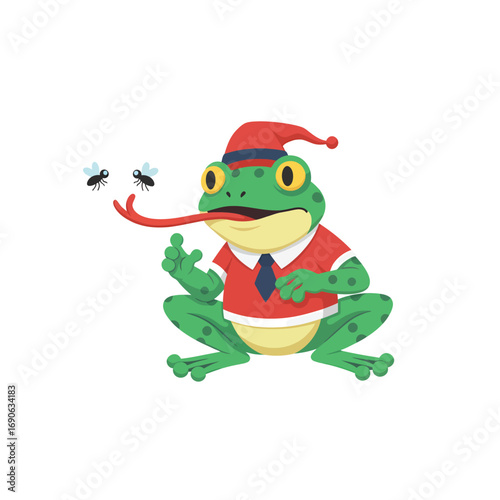 A whimsical cartoon frog wearing a festive Santa hat eagerly extends its long tongue to catch two buzzing flies, illustrating a humorous and playful holiday scene