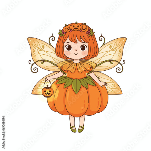 Cute pumpkin-themed fairy with wings and a small lantern, perfect for Halloween.