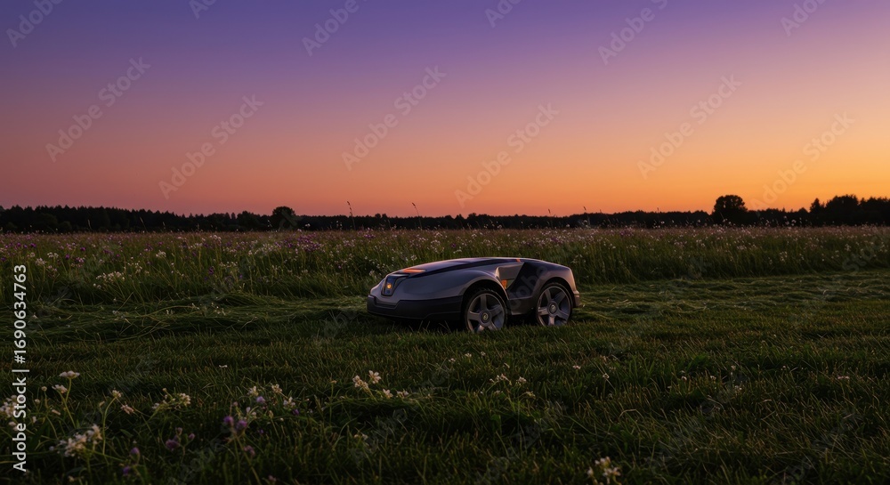 Fototapeta premium Automated robotic lawnmower cutting a lush green field under a vibrant sunset sky