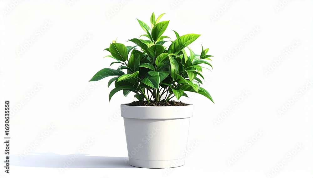 Fototapeta premium A healthy green plant in a white pot against a white background, symbolizing growth and life