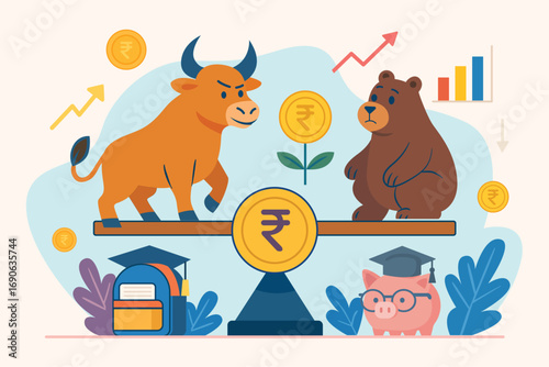Bull and bear on a seesaw with Rupee coin, arrows, and charts, depicting market trends and investment dynamics