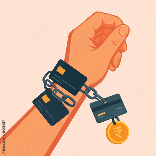 Hand chained to credit cards and Rupee coin, symbolising financial bondage and the burden of debt