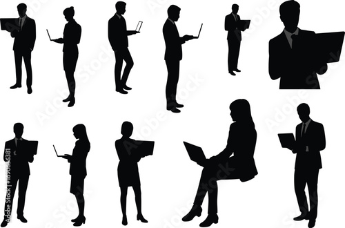 Business professionals silhouettes working with laptops, modern office people, digital teamwork concept, technology communication, standing and sitting postures, corporate workflow
