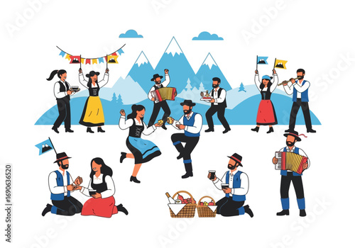 People in traditional attire celebrate with a dance against a backdrop of snowcapped mountains. Suitable for cultural festivities or travel themes.