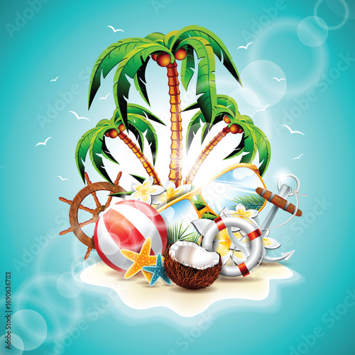 Tropical Summer Vacation Vector Design with Palm Trees, Beach Ball, Ship Wheel, Anchor, Lifebuoy, Sunglasses, and Travel Holiday Background
