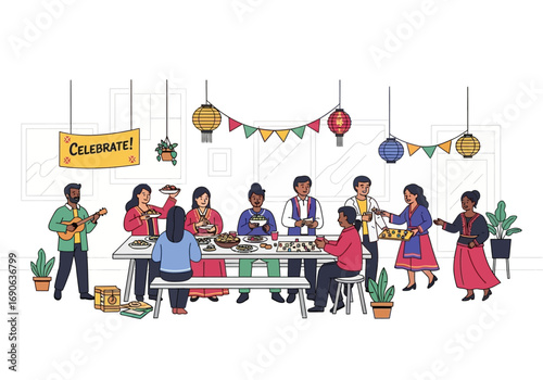 Celebration scene with festive decorations and music, ideal for party concepts, family gatherings, holiday celebrations, and event themes.