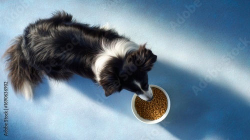 A black and white dog enjoys its meal from a bowl. This top-down view captures the joy of pet feeding time. Perfect for pet care themes and lifestyle content. AI