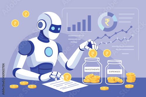 Humanoid robot manages Rupee coins between labeled jars for investments and expenses, surrounded by financial charts and data