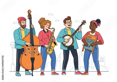 Four musicians play unique instruments in a lively performance. Great for music events, posters, album covers, or vintagethemed designs.