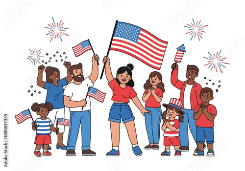 Diverse group celebrates american patriotism with flags and fireworks in this image. Suitable for fourth of july promotions and celebrations.