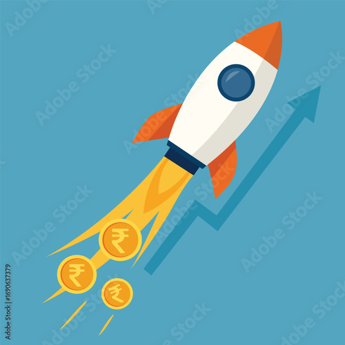 Rocket launching upward with Rupee coins and arrow, representing rapid financial growth and investment success