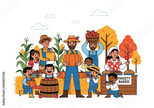 Happy farmers and children celebrating a harvest at a farm. Suitable for agricultural, lifestyle, family, and rural concepts in design projects.