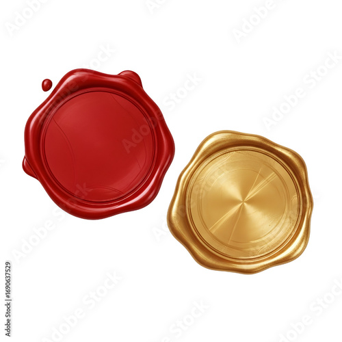 3D red wax seal isolated on white, blank gold wax seal