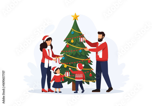 Family decorating christmas tree with ornaments  presents. Perfect for holiday greeting cards, social media posts, websites, and blogs.