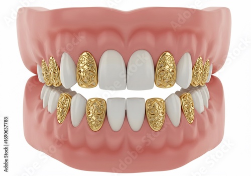 A dental model with white teeth and gold grills featuring intricate floral designs on a white background