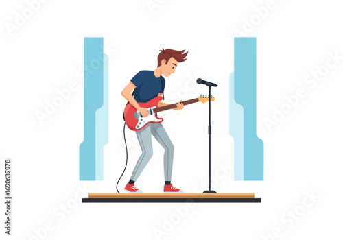 Young energetic guitarist performing on stage with microphone. Suitable for music events promotion or concert advertisement designs. Steal the spotlight.