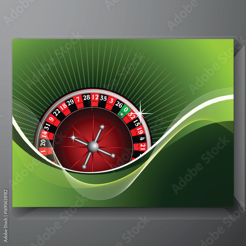 Casino Roulette Vector Illustration with Realistic Wheel, Green Abstract Wave Banner, Sunburst Rays, and Gambling Game Background