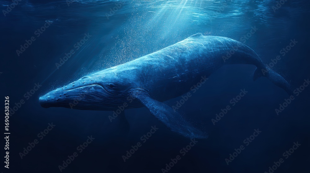 Fototapeta premium Majestic whale swimming gracefully in deep ocean waters.