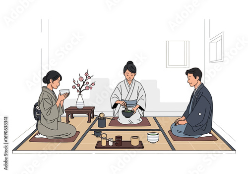 Three people in kimonos engage in a serene japanese tea ceremony, perfect for cultural and lifestyle concepts or asian traditions.