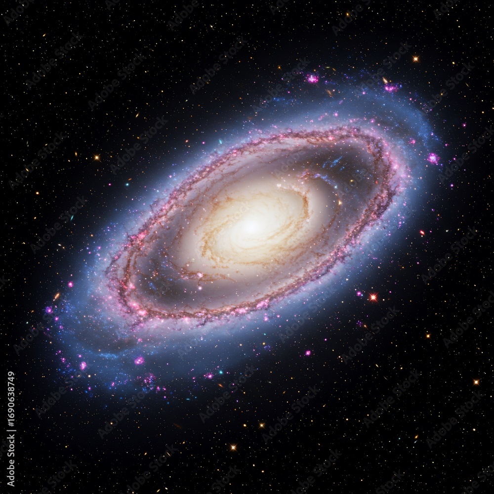 Naklejka premium Elliptical galaxy with a bright central bulge surrounded by a ring of stars and cosmic dust clouds