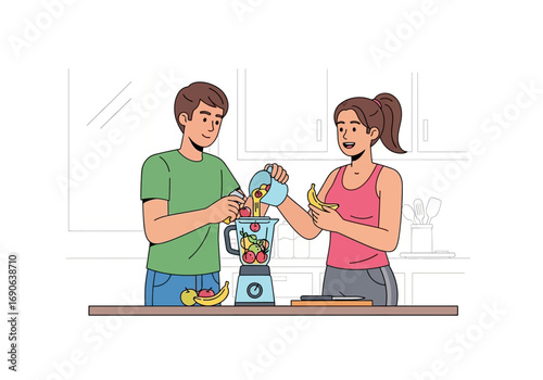 Two people blending fruits into juice. Perfect for health, lifestyle, cooking, recipe, smoothie, kitchen, home, fresh, nutrition, and summer content.