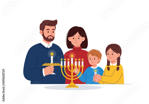 Family celebrating hanukkah, lighting menorah. Perfect for holiday greeting cards, educational materials, and cultural diversity concepts.