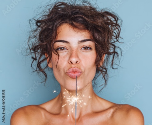A captivating woman with a kissable smile holds a sparkler, showcasing radiant beauty against a soft backdrop.