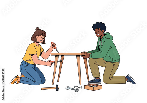 Woman and a man skillfully assemble a simple wooden table together. Suitable for furniture assembly, diy, teamwork, and carpentry themes.