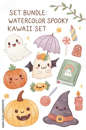 Hand Painted Halloween Icon Watercolor Kawaii Ghost and Pumpkin Art