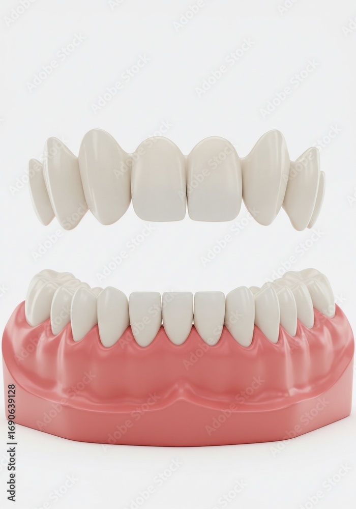 Obraz premium Close up of dental prosthesis showing upper and lower teeth on a white background in studio shot