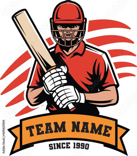 Dynamic Cricket Team Logo with Player in Red Uniform, Batting Pose, Curved Lines, Bold Banner Text 'TEAM NAME' and 'SINCE 1990' – Sports Identity Design-- Editable Text