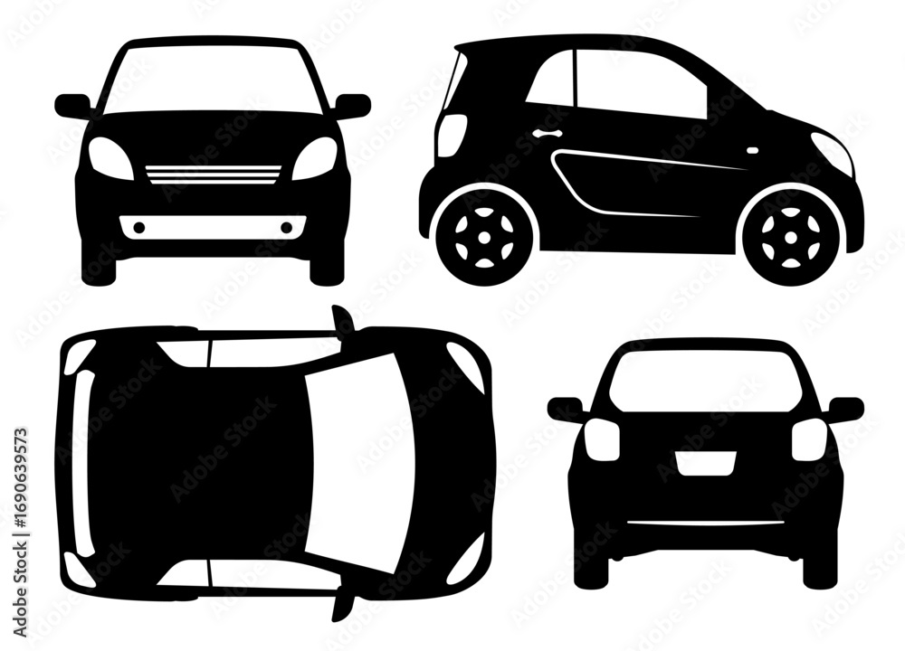Obraz premium Small car silhouette on white background. Vehicle icons set view from side, front, back, and top