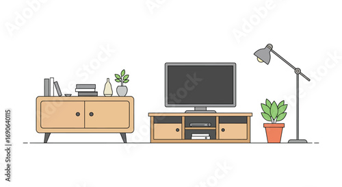 a cozy living room setup with furniture plants and electronics