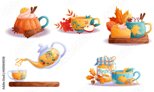 A set of illustrations with elements of autumn, autumn food and drinks . Isolated vector illustration for seasonal design of postcards, banners, posters and promotions.