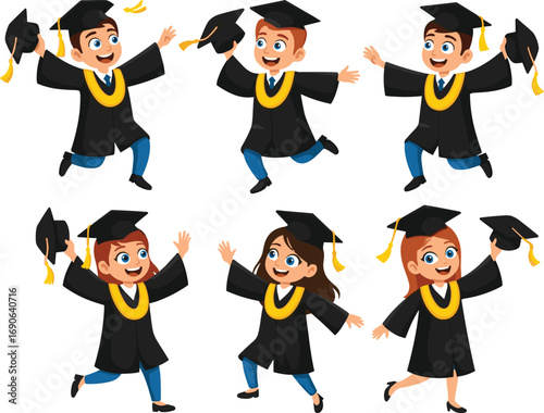 Graduation celebration cartoon characters, happy students in cap and gown, jumping and smiling, vector illustration for school or college achievement events