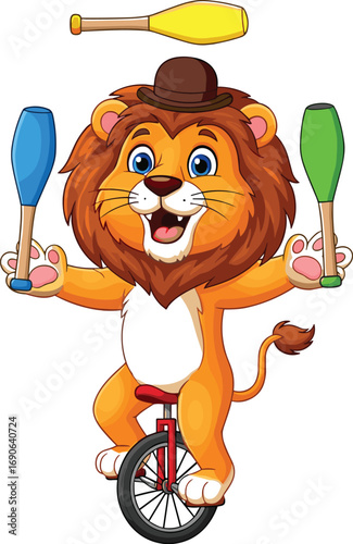 Funny circus lion cartoon juggling clubs while riding unicycle, vector illustration for kids entertainment, animal performance, show poster, or party design