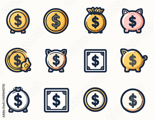 Various Dollar Sign Icons Representing Financial Concepts.