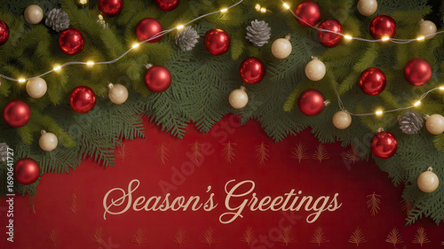 Festive christmas tree branches with ornaments and lights above season s greetings text