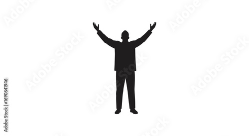 a silhouette figure stands with arms raised high