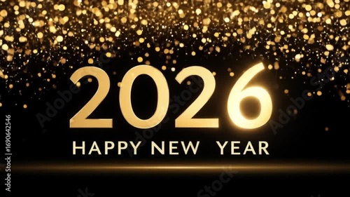 Happy New Year 2026 with gold glitter. Elegant Happy New Year 2026 design with gold glitter, sparkling lights, and festive typography on a black background. Festive greeting, party invitation         