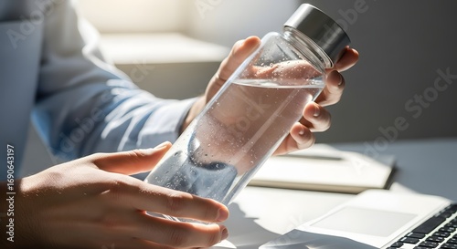 Woman holding a reusable glass water bottle promoting hydration and sustainability at work.