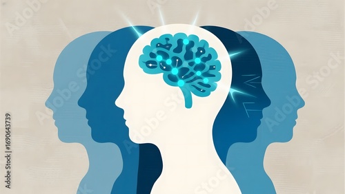 Illustration of a human head with a glowing brain surrounded by multiple head silhouettes