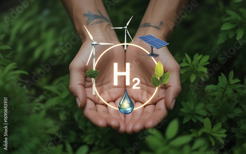 Hands holding a symbolic representation of clean H2 hydrogen fuel, a concept for future sustainable energy powered by renewable resources