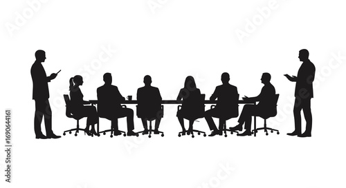 a group meeting in silhouette around conference table