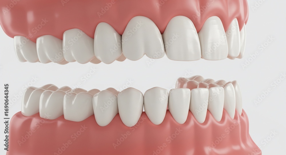 Fototapeta premium Close up view of a set of teeth with gums visible against a plain white background in studio shot