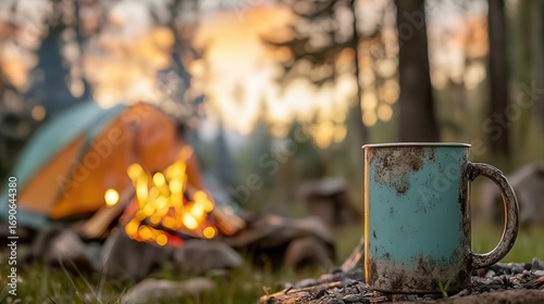 A vintage mug sits in the foreground, with a campfire and tent in the background, creating a cozy outdoor camping scene at sunset.