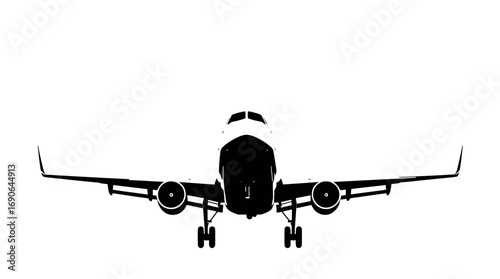 Front view of a passenger airplane in black silhouette against a stark white background, showing landing gear and engines.